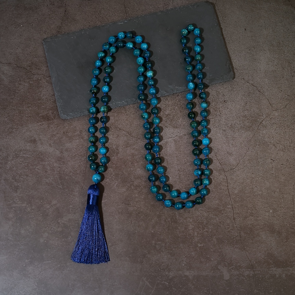 Men's Natural Phosphorite Bead Necklace Green 108 Beads Tassel Pendant